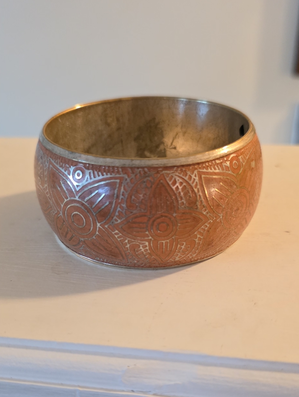 Wide Floral Etched Copper Bangle Bracelet